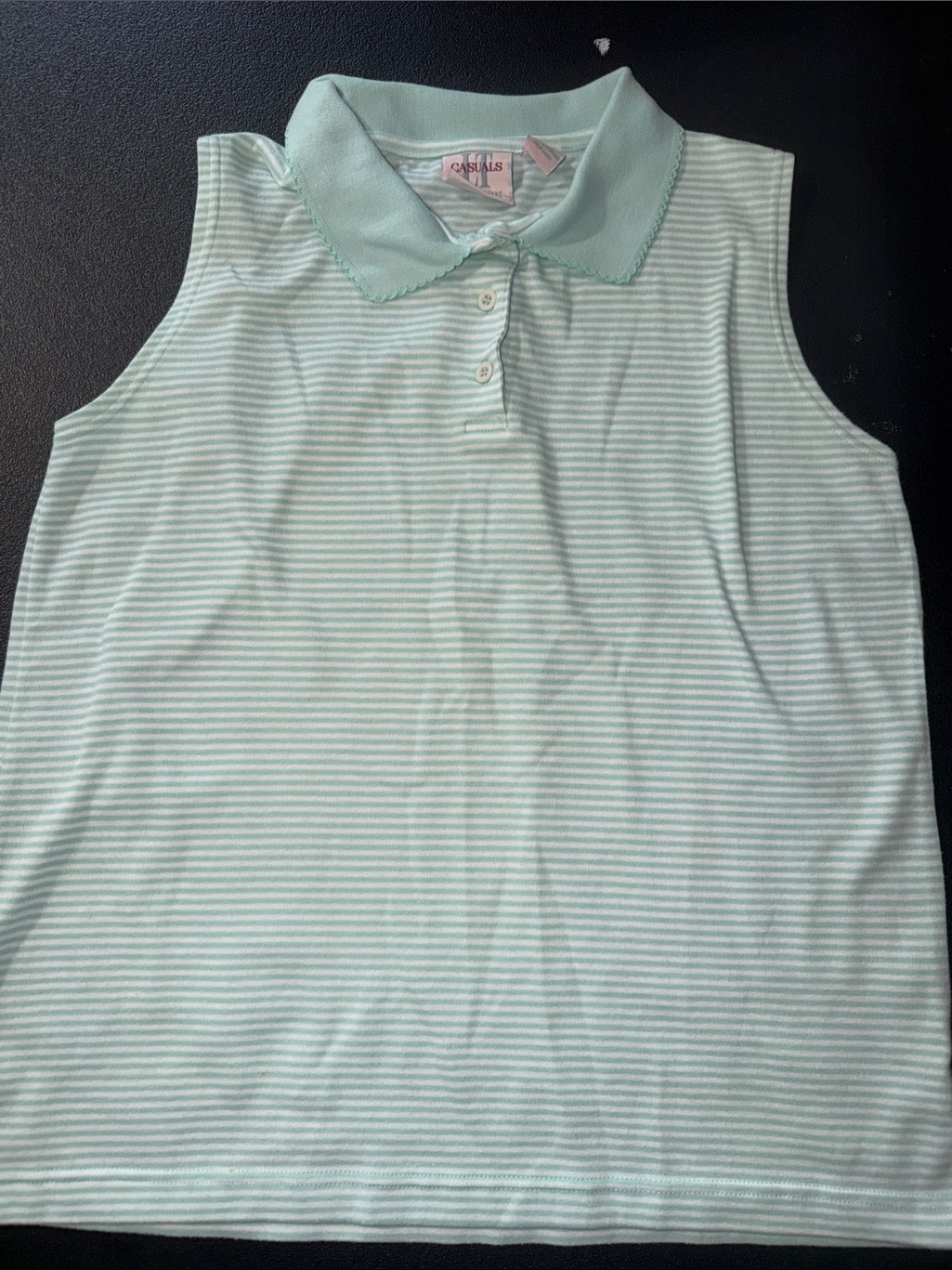 Lt Casuals By Liz Thomas Vtg Ladies Collared Button Tank Top Light Green Stripes